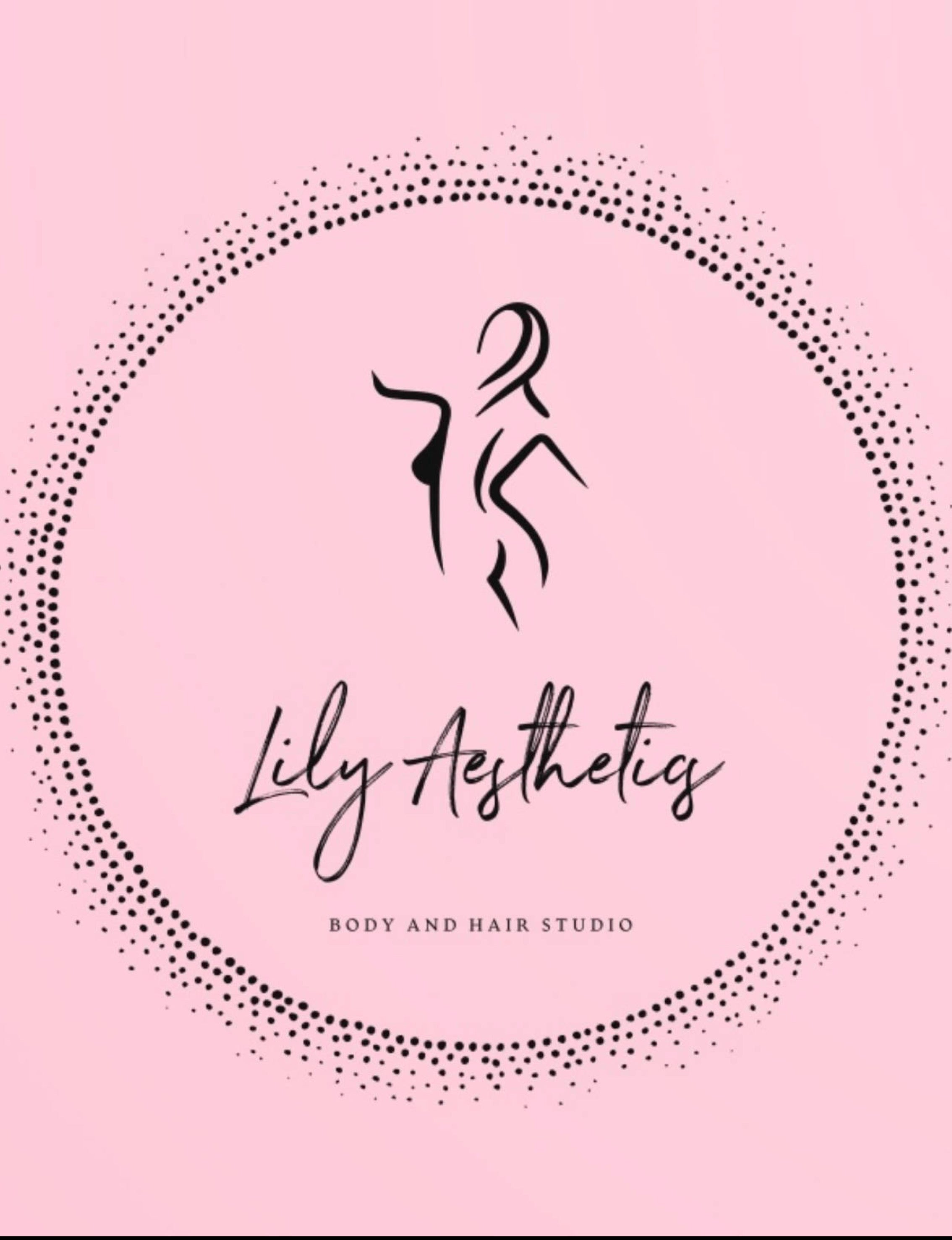 Lily Aesthetics brand mark: a line drawing of a figure inside a dotted circle above script lettering